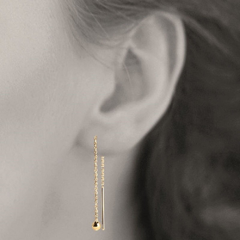 Boucles d'oreilles traversantes chaînes boule tombante Plaqué or 750 3 microns