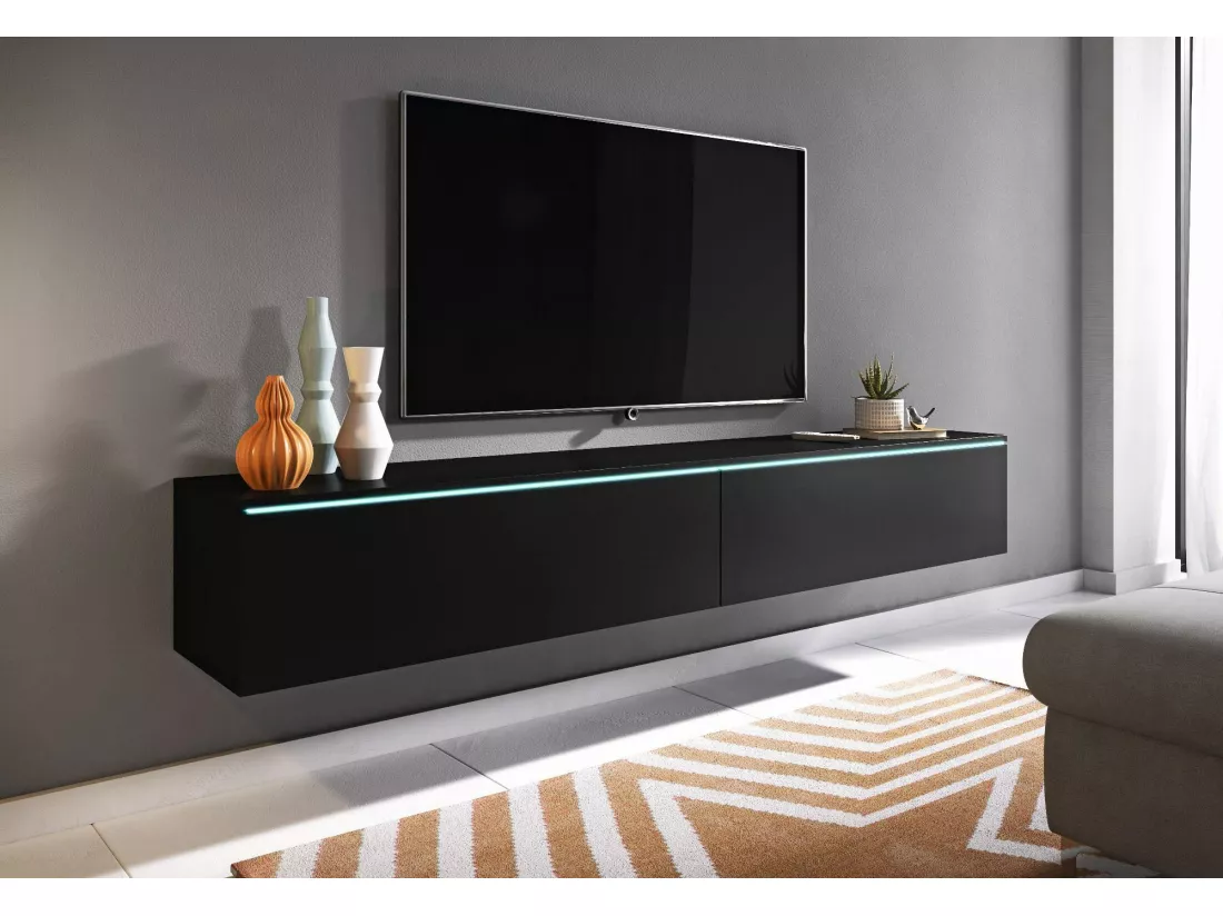 Meuble TV - 180 cm - noir graphite - avec LED - KANE