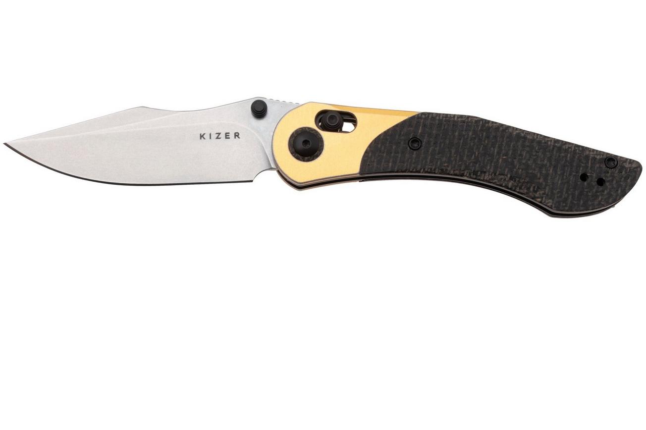 Kizer Vanguard Mini Mystic V3636A2 Satin Nitro-V, Burlap Micarta Aluminium Bolster, zakmes, Paul Munko design