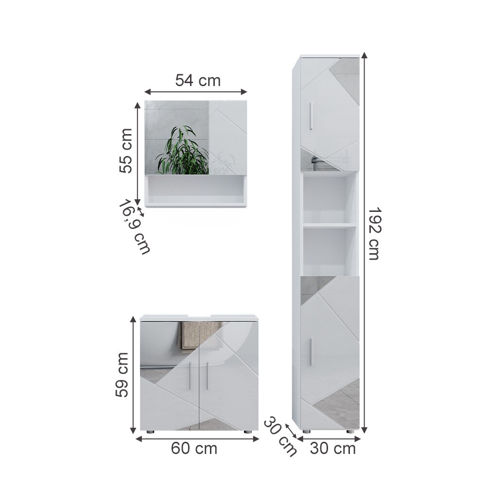 Vicco Badmöbelset mit Dekospiegeln Irma Weiß Hochglanz modern Badezimmerschrank Badschrank Badezimmermöbel Waschtischunterschrank Spiegelschrank Hochschrank Schranktür Schrankfach Schrankschublade
