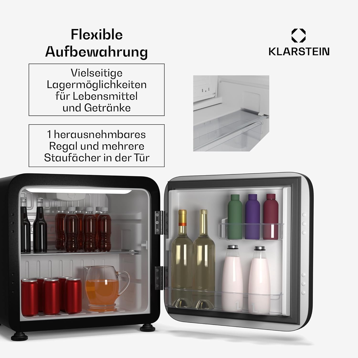 Klarstein Audrey Evo 43L Mini Kühlschrank - Retro-Design, Leise 40 dB, Kompressor, Verstellbare Füße, Wendetür, Kühlschrank Klein für Schlafzimmer und Büros, Schwarz