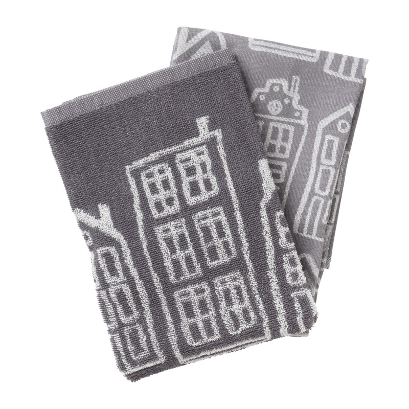 Handdoek antraciet huisjes - antraciet/wit - 50x50 cm