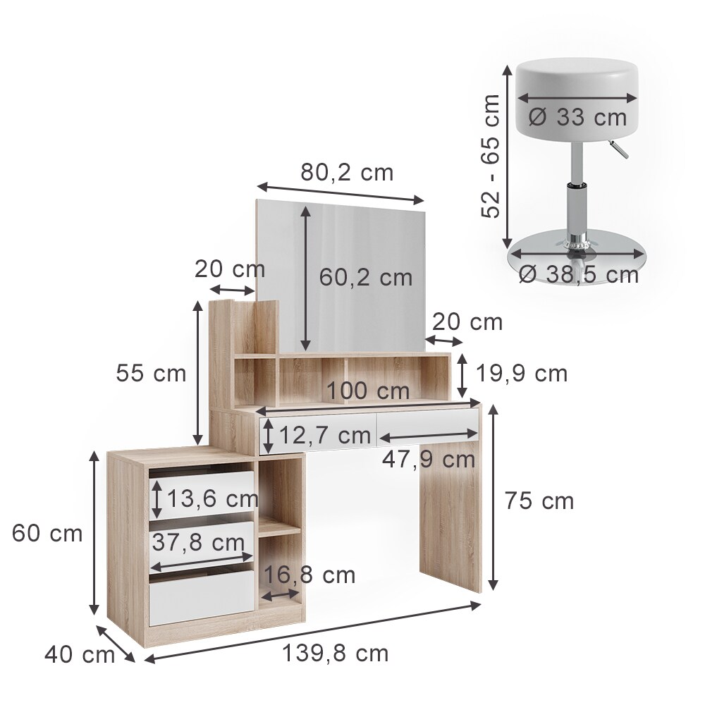 Vicco Schminktisch Anja 139,8 x 115 cm Sonoma Weiß Spiegel Frisiertisch modern
