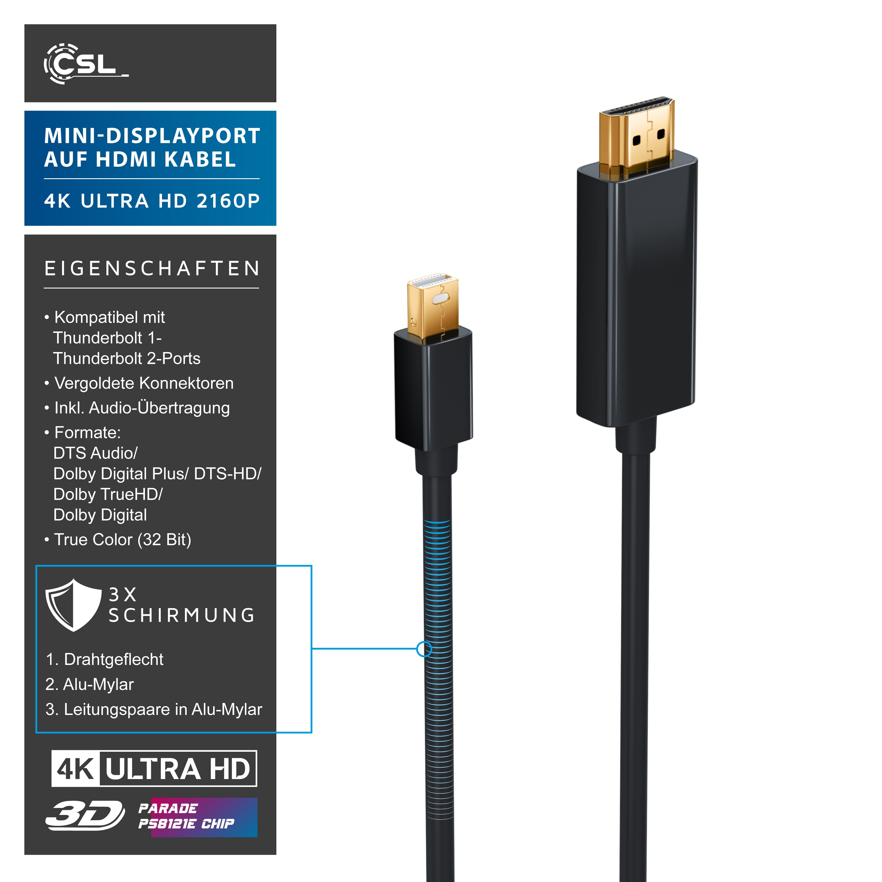 CSL Mini DisplayPort zu HDMI Typ A Audio- & Video-Kabel, Premium Full HD MiniDP Adapter Monitor Kabel - 3m