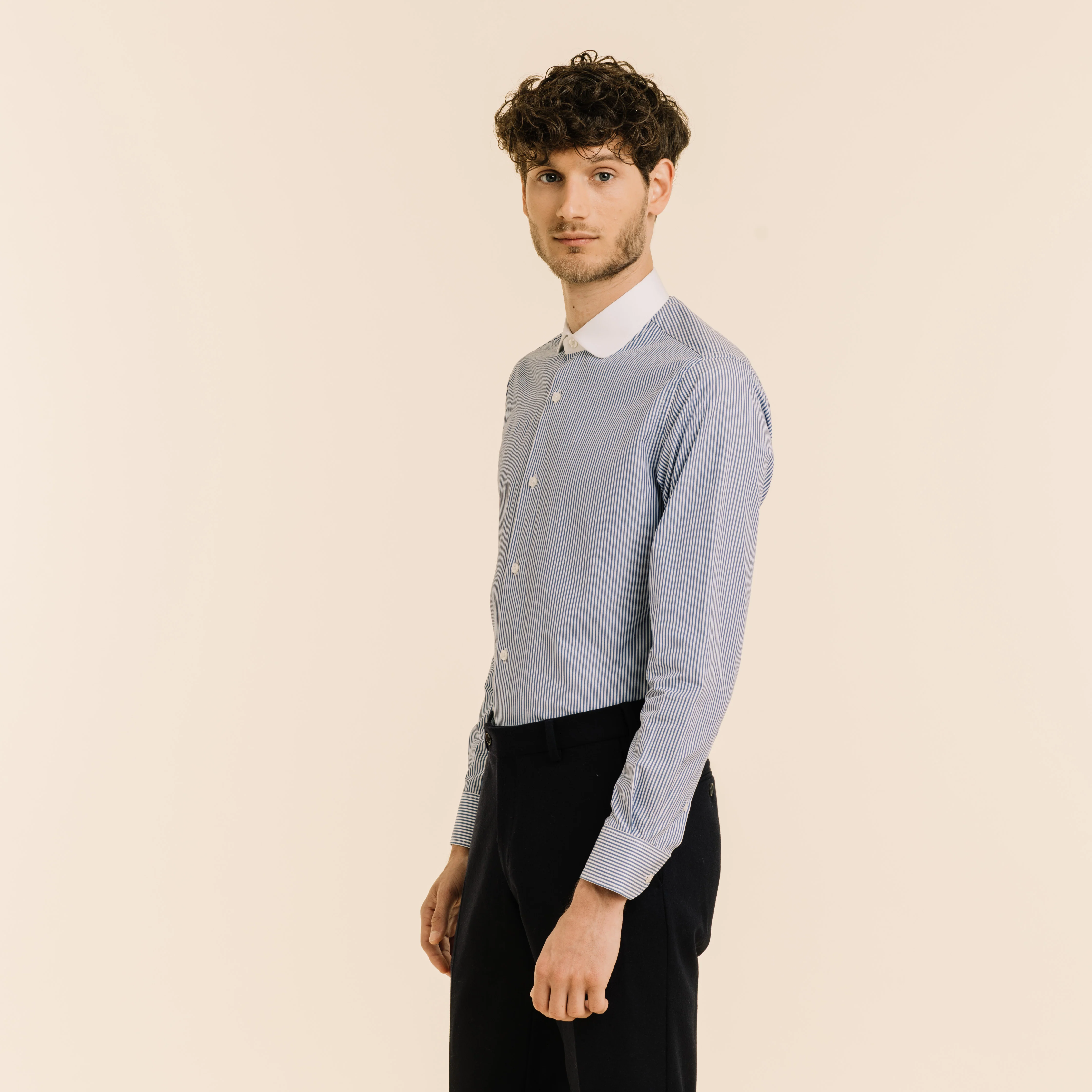 Double-twisted poplin shirt with blue stripes