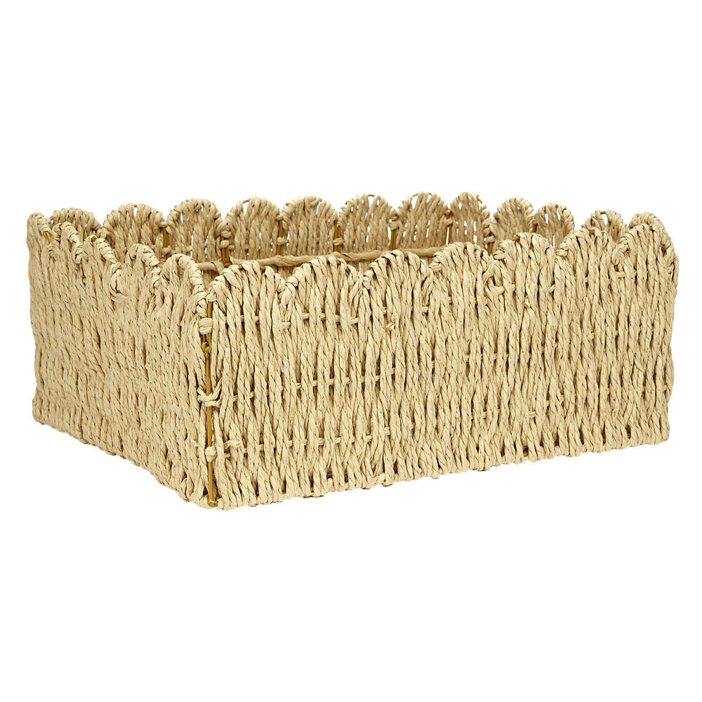 Panière en papier tressé beige et métal bord pétale 38x30xH15cm
