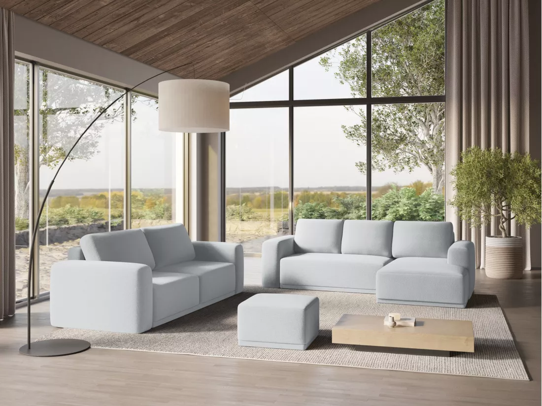 Canapé d'angle panoramique convertible en tissu chenille - bleu clair - KAILA