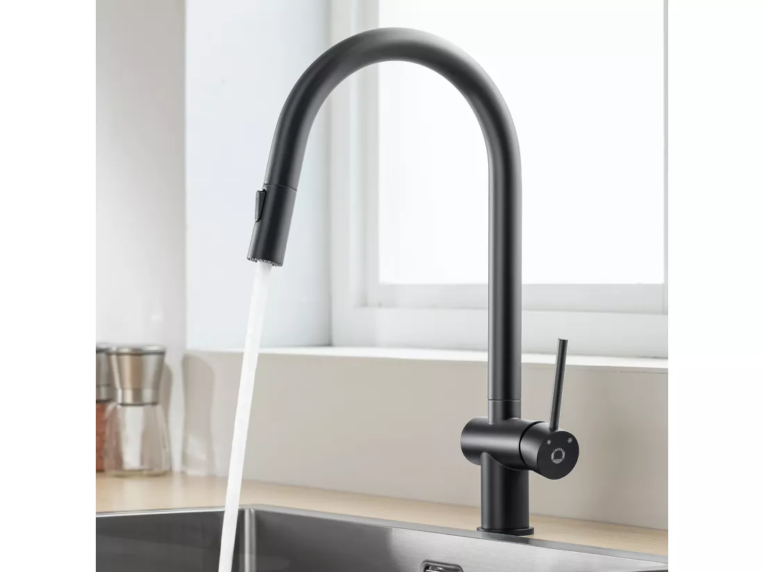 CECIPA MAX Evier 1 Bac en Quartz et Résine Noir Gris 55*44*20cm + Mitigeur de Cuisine avec Douchette Extractible avec 2 Types de Jet