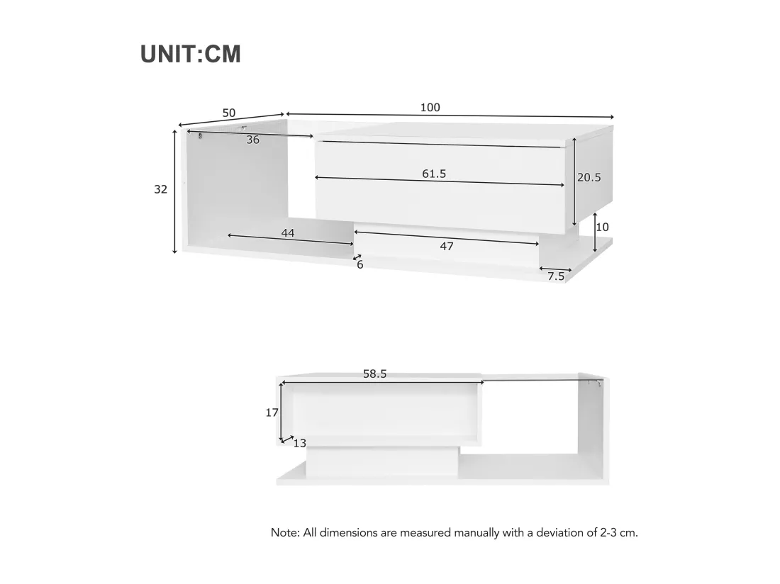 Table basse avec grand tiroir - 100x50x32 cm - LEDs - plateau en verre - Panneaux de particules - Blanc brillant