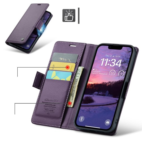 iPhone 16e Leder Tasche Flip Wallet Etui mit Kartenfächern Litchi Look (RFID Schutz) - Lila