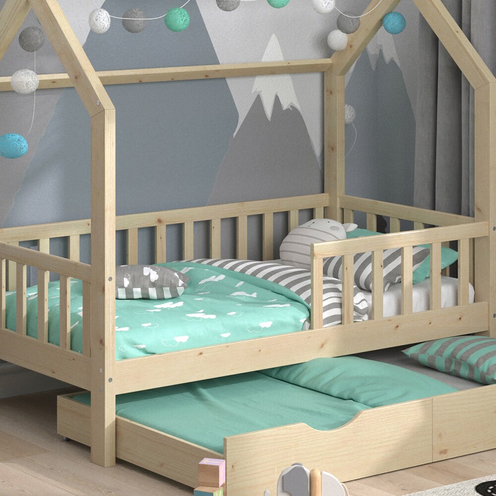 VitaliSpa Kinderbett Hausbett Gästebett Wiki Natur 80x160cm Schublade Lattenrost