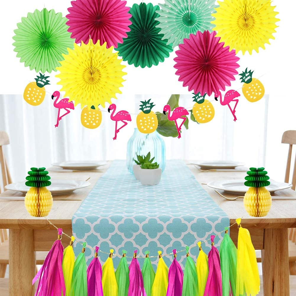 (14-tlg. Set) Sommer Party Dekoration Accessoires Ananas Pompon's / Rosetten / Flamingo Girlande / Quasten - Tropical Hawaii