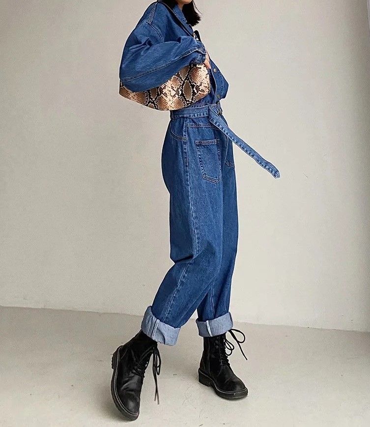 Reknovine - Denim jumpsuit met lange mouwen en riem