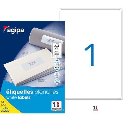 Apli Agipa - 100 Étiquettes adhésives blanches multi-usages - 199,6 x 289,1 mm - coins arrondis - réf 118989