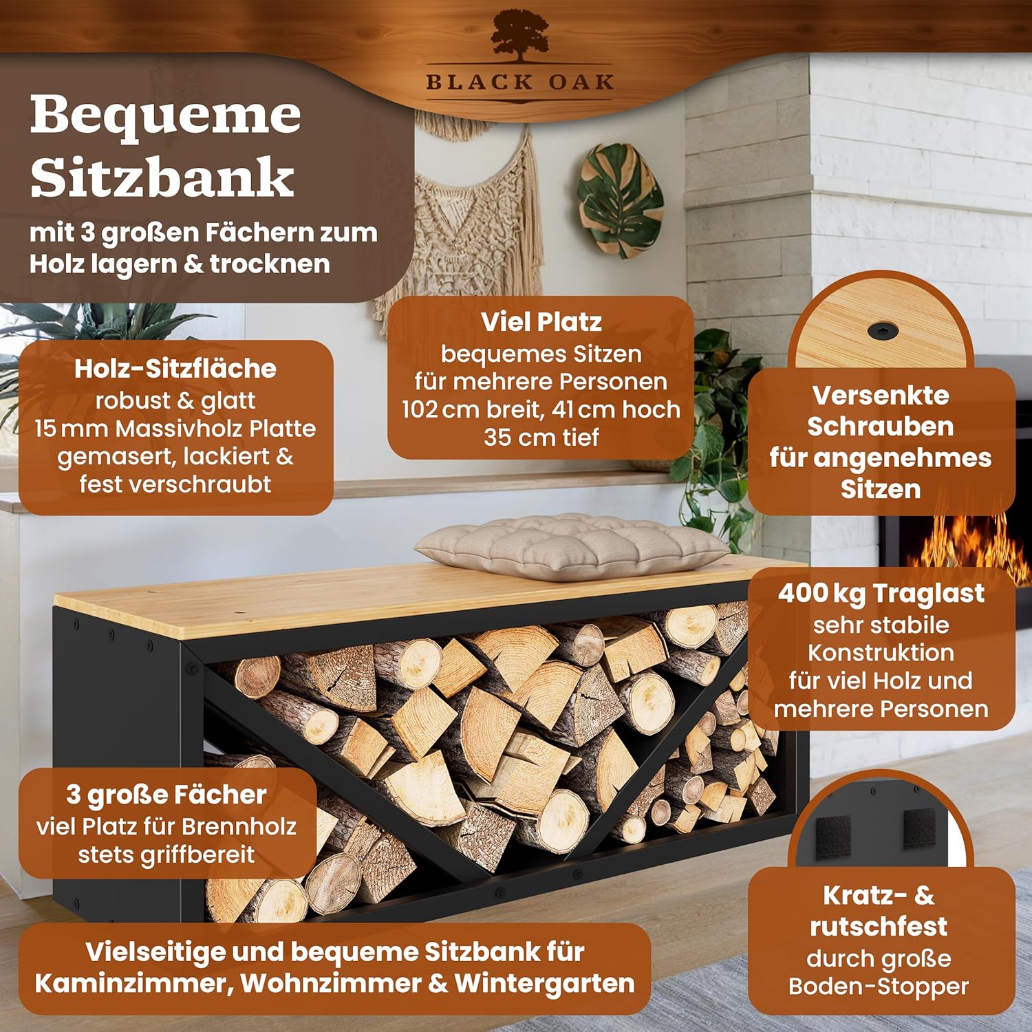 BLACK OAK Kaminholz Regal OHIO 102x41x35cm - Sitzbank für Brennholz Kaminholzregal für innen schwarz modern stabil Stahl + Holz - Metall pulverbeschichtet rostfrei Kaminholz-Sitzbank bis 400 kg Holz