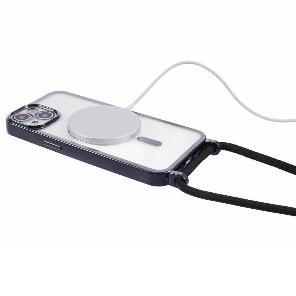 iPhone 15 MagSafe Necklace Gummi Case Hülle Galvanisierter Rahmen mit Handykette (160cm)   Kameraschutz - Schwarz / Transparent