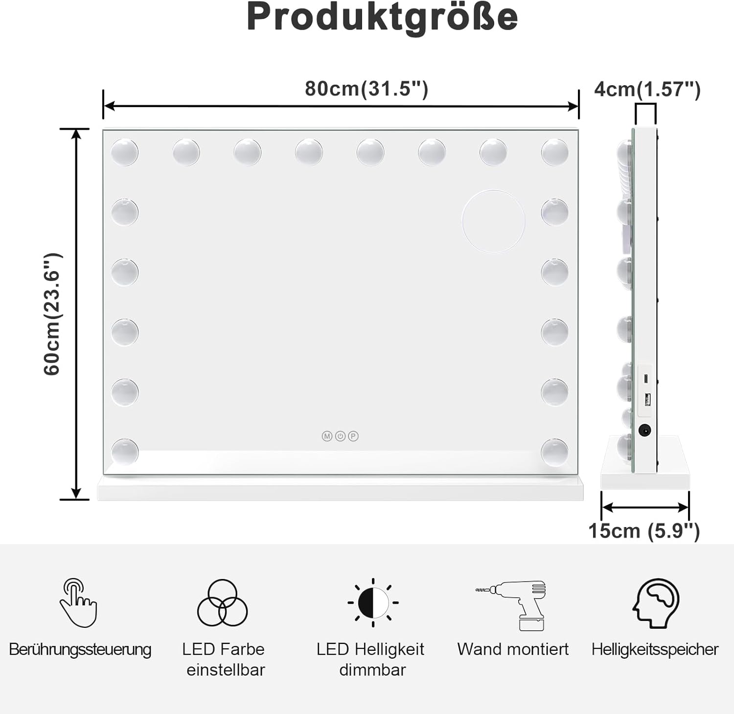 Dripex Hollywood Schminktischspiegel mit Beleuchtung, Hollywood Spiegel mit Beleuchtung, Schminkspiegel mit 18 Lampen und 3 Farbtemperatur Licht, Kosmetikspiegel mit Touch Steuerung, 80 x 60 cm Weiß