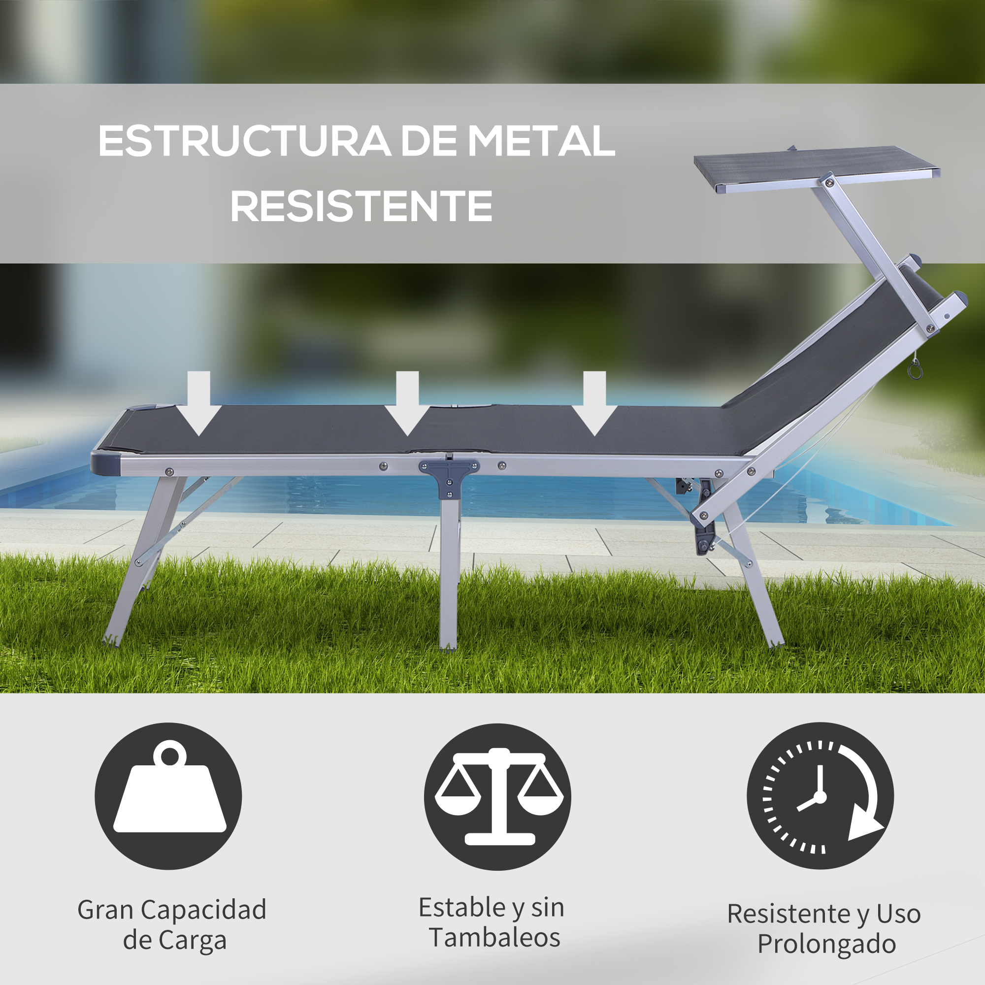 Espreguiçadeira dobrável e reclinável Outsunny em alumínio com cobertura integrada para piscina, jardim, pátio e uso externo, capacidade de carga de 120 kg, 169 x 72 x 50/70 cm, cinza.