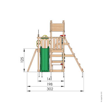 Speeltoestel Jungle Gym Teepee douglas met glijbaan donker groen en 1-klimrek module