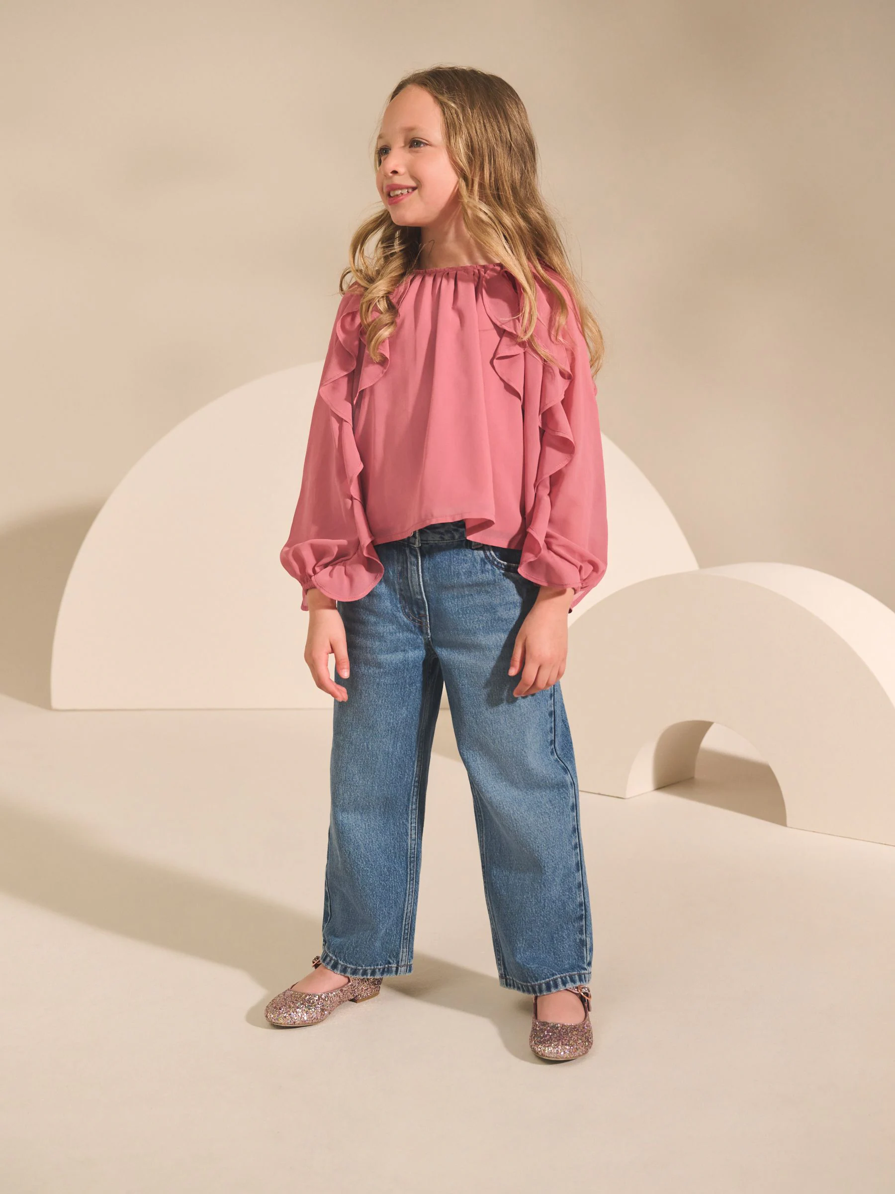 Roze - Blouse met lange mouwen en ruches (3-16jr)