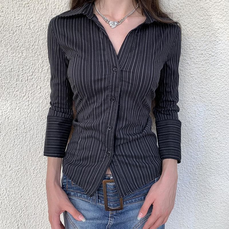 BrickBlack - Blouse met lange mouwen, kraag, strepen en knoopjes, slim fit