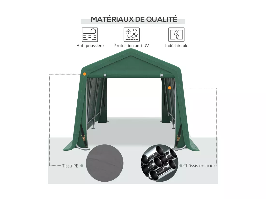 Tente garage carport dim. 6L x 3l x 2,62H m acier galvanisé PE haute densité 180 g/m² imperméable anti-UV vert