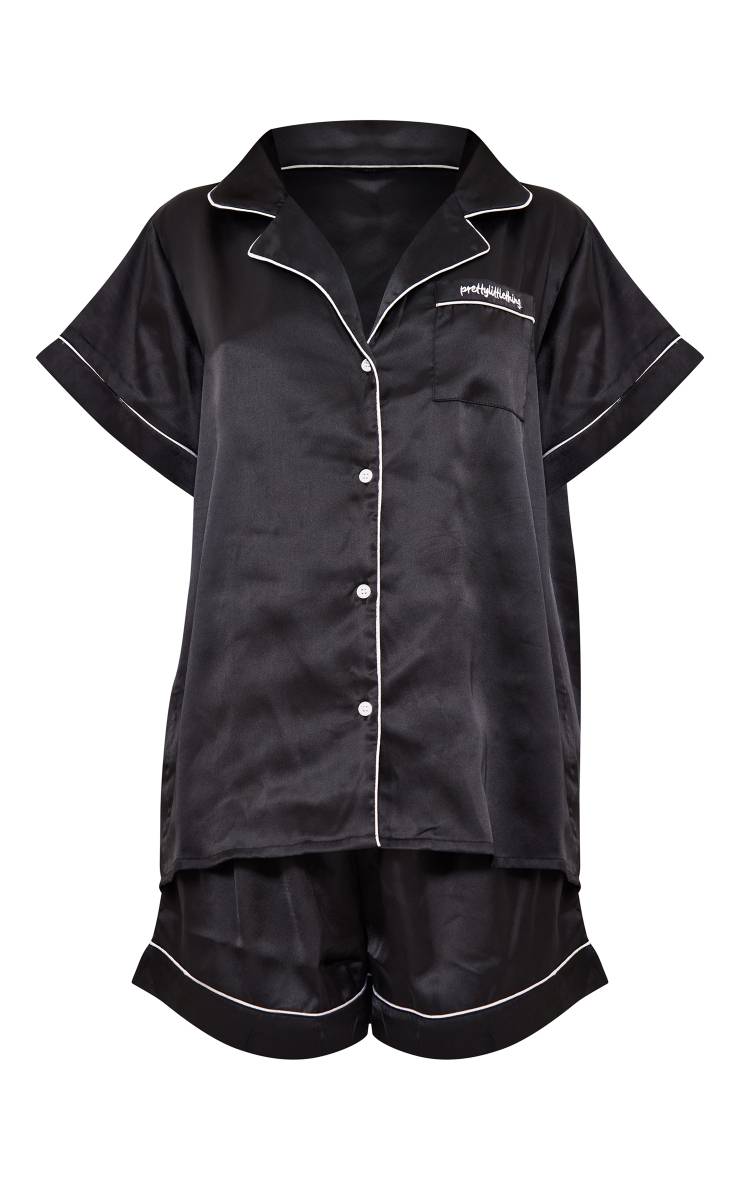 Noir Ensemble De Pyjama Court En Satin Avec Passepoil Contrasté