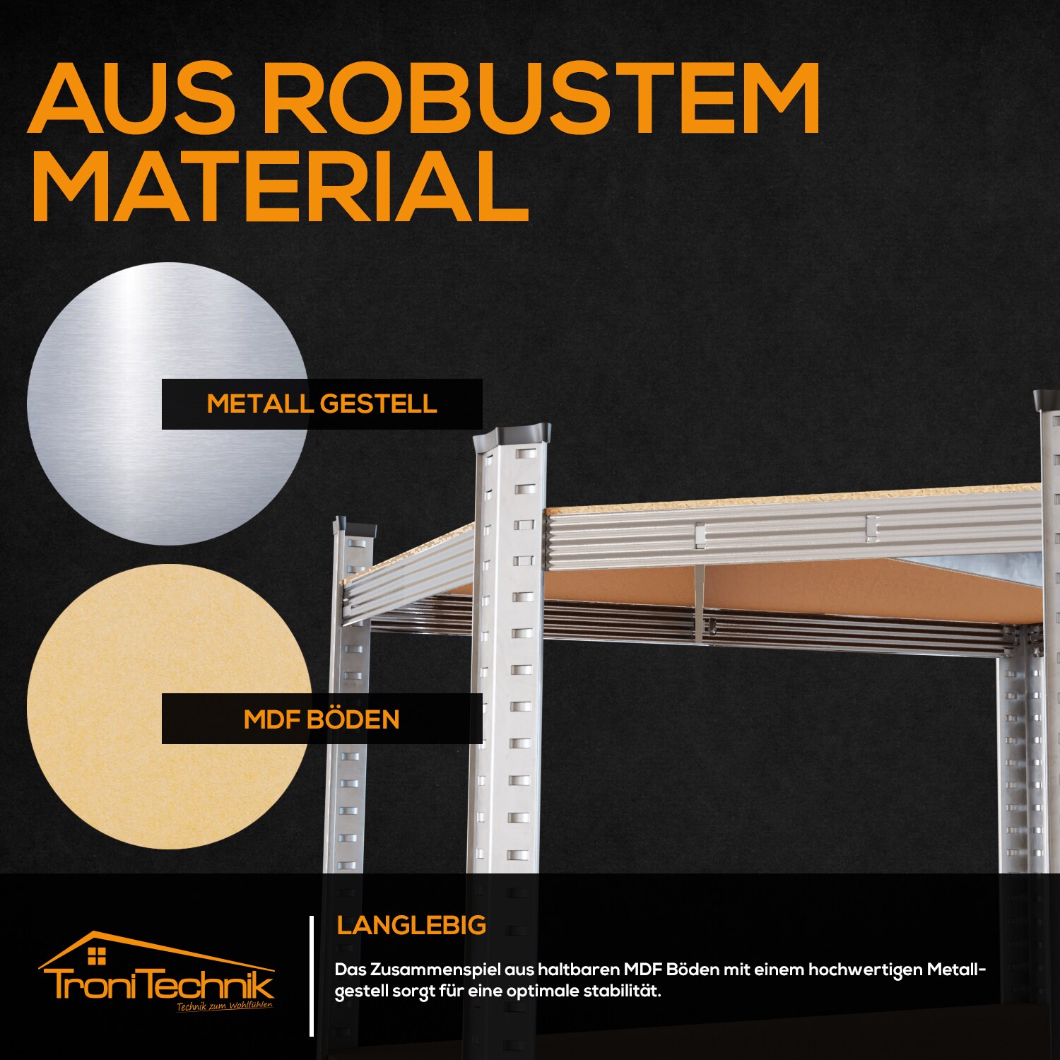 TroniTechnik® Schwerlastregal, Kellerregal, Lagerregal, 40 x 40 x 70 x 70 x 180 cm, Stahlgestell, bis 875 kg , 5 Ablagen