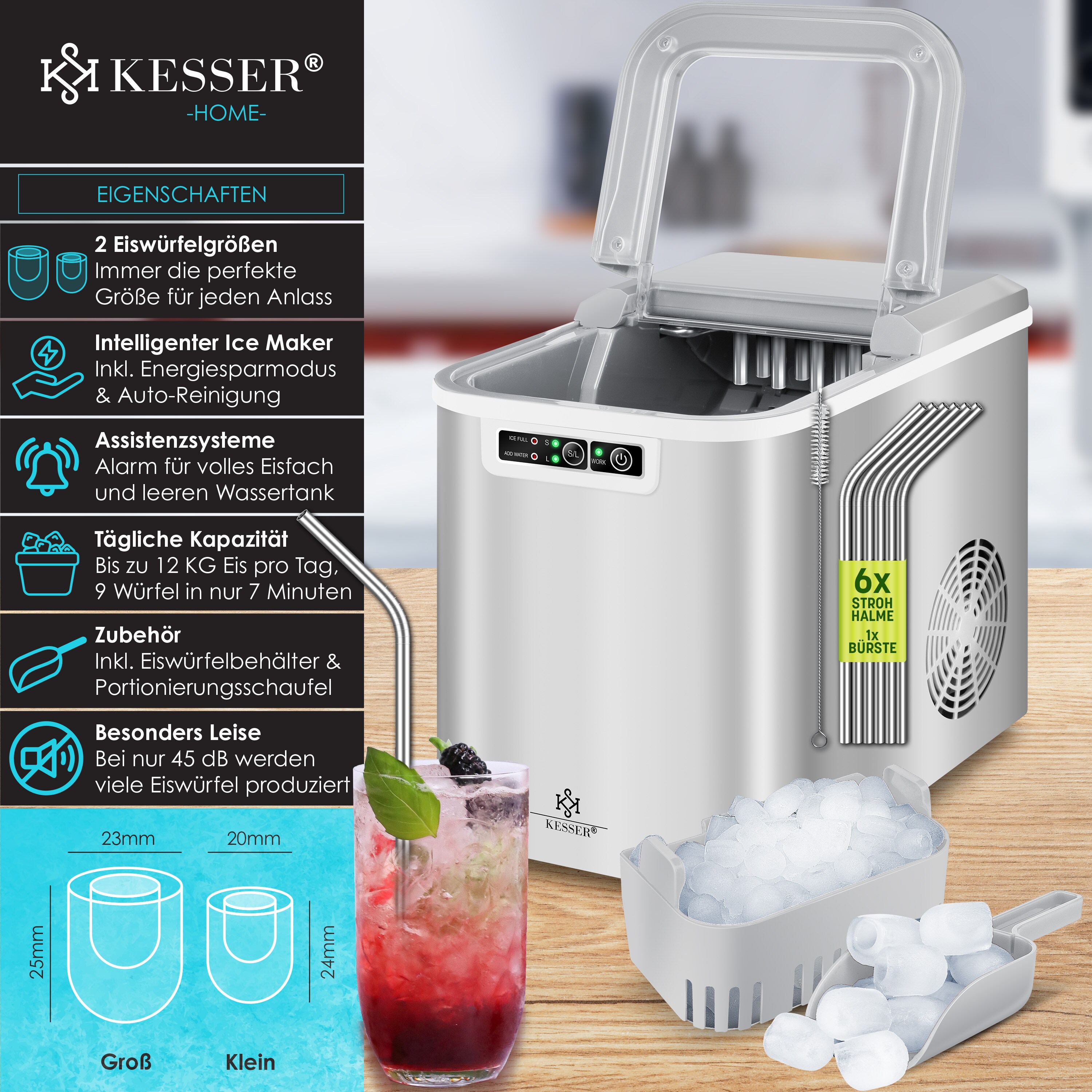 KESSER® Eiswürfelbereiter | Eiswürfelmaschine Edelstahl | Ice Maker | 12 kg 24 h| Zubereitung in 7 min | 2,2 Liter Wassertank | 2 Eiswürfel-Größen | LED-Display | Selbstreinigungsfunktion
