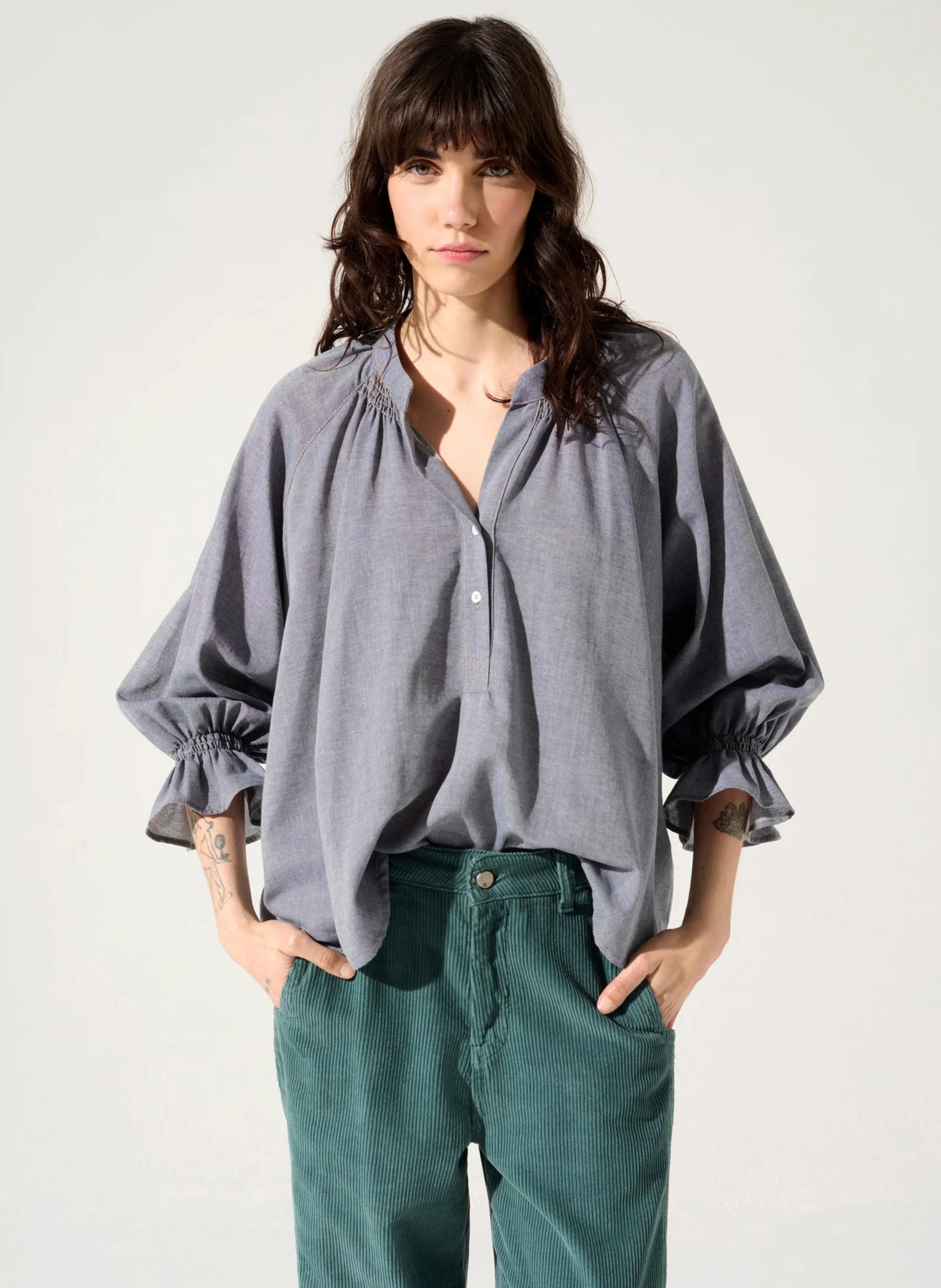 EVA - Blouse col rond en coton | Bleu