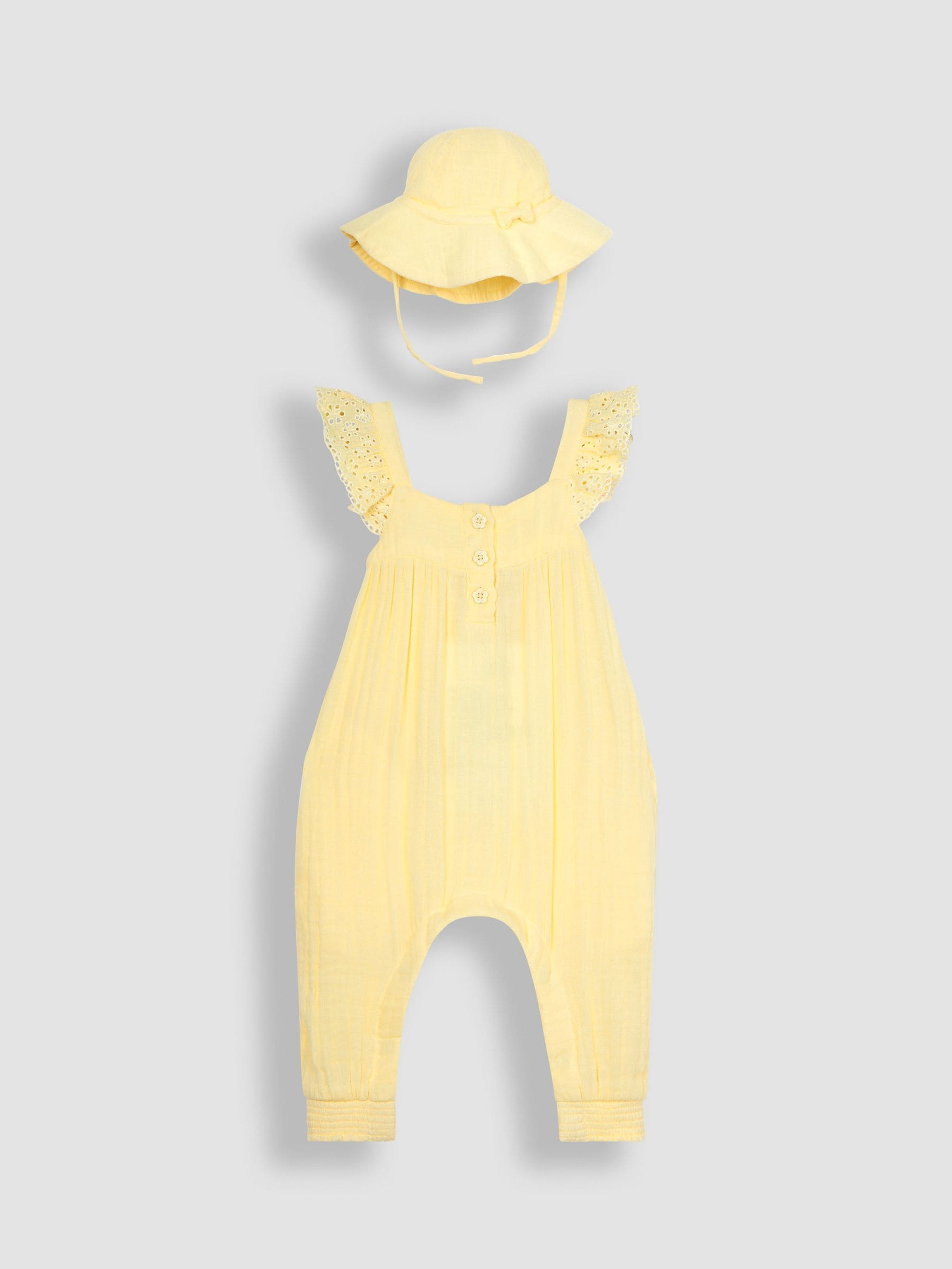 Geel - JoJo Maman Bébé - 2-delige set van jumpsuit en muts van kaasdoek