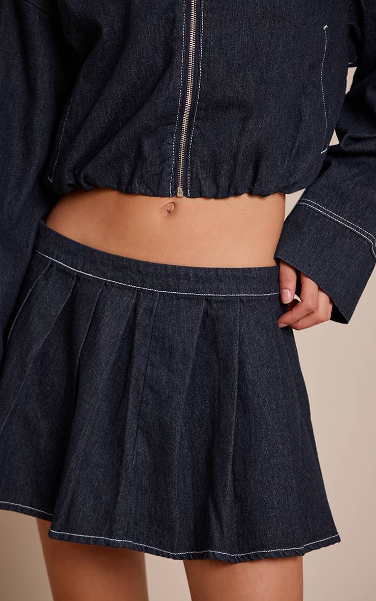 Bleu Indigo Jupe Mini Plissée En Denim