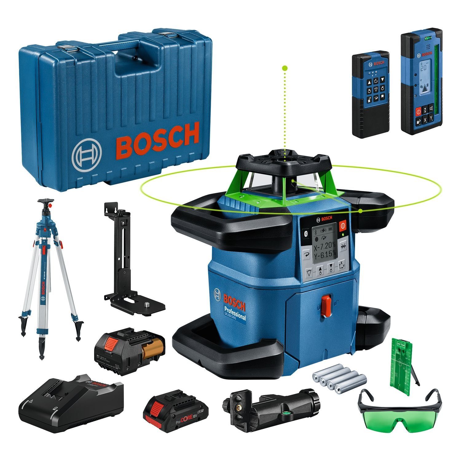 Bosch Professional GRL 650 CHVG Accu Rotatielaser Groen 18V   Laserontvanger LR 65 G   BT170 HD Statief   GR 500 Meetlat 4.0Ah in koffer - 06159940PR
