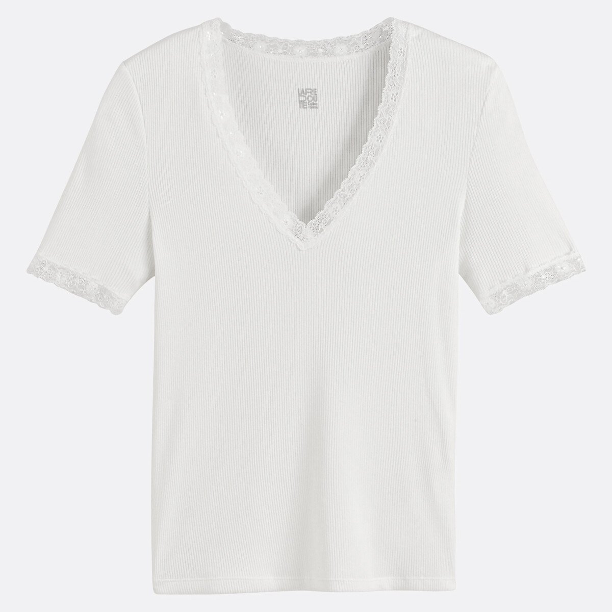 COLEÇÃO LA REDOUTE<br>Camiseta de manga curta com decote em V e detalhe em renda