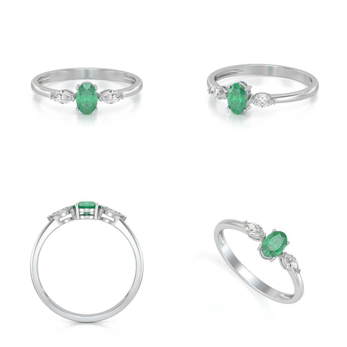 Bague ADEN Or 585 Blanc Emeraude et diamants 1.604grs