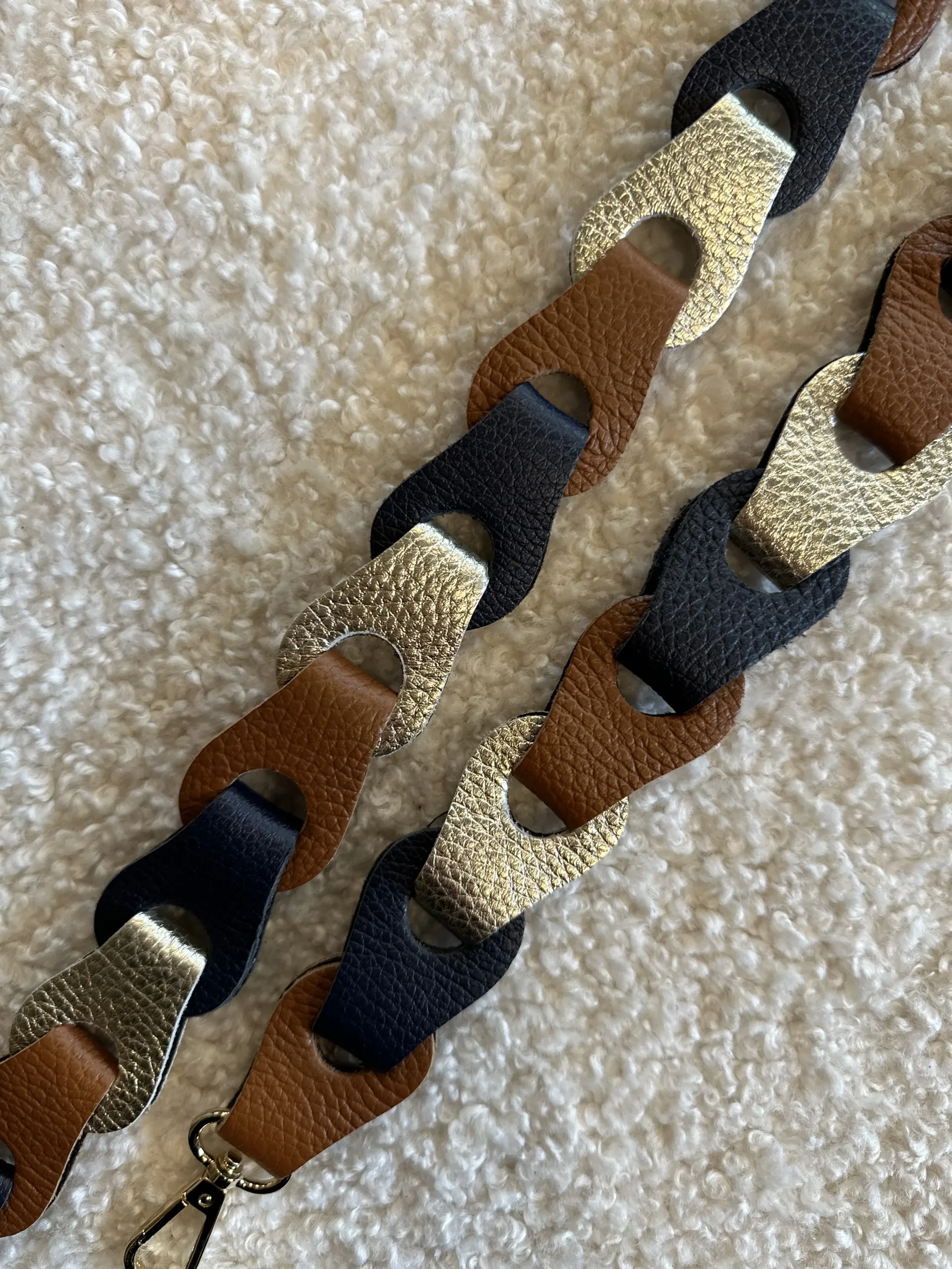 Bag Strap - Breed Cognac/Donker Blauw/Zilver - Goud