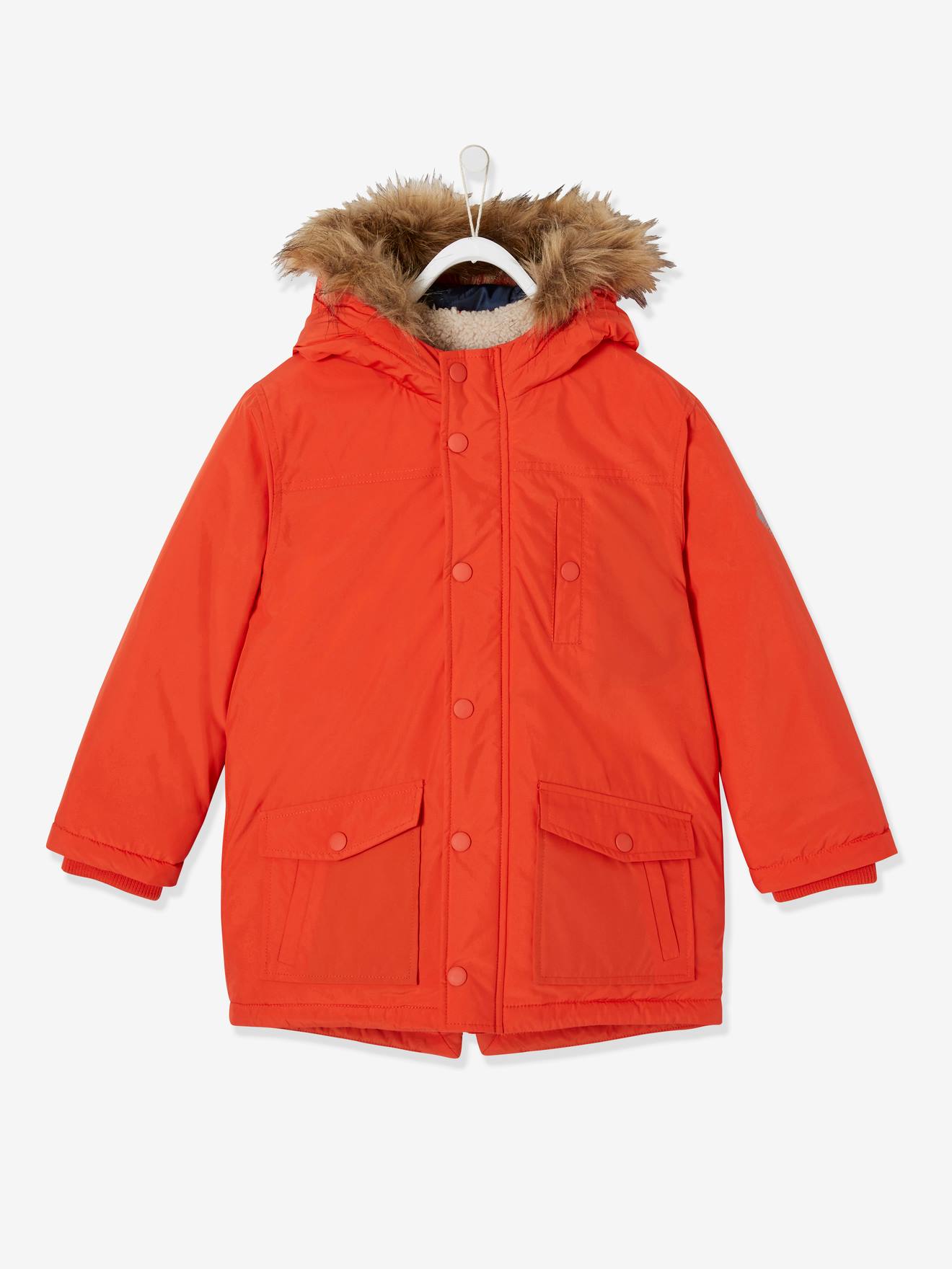 Parka técnica com capuz para meninos, laranja vibrante, lisa com estampa.