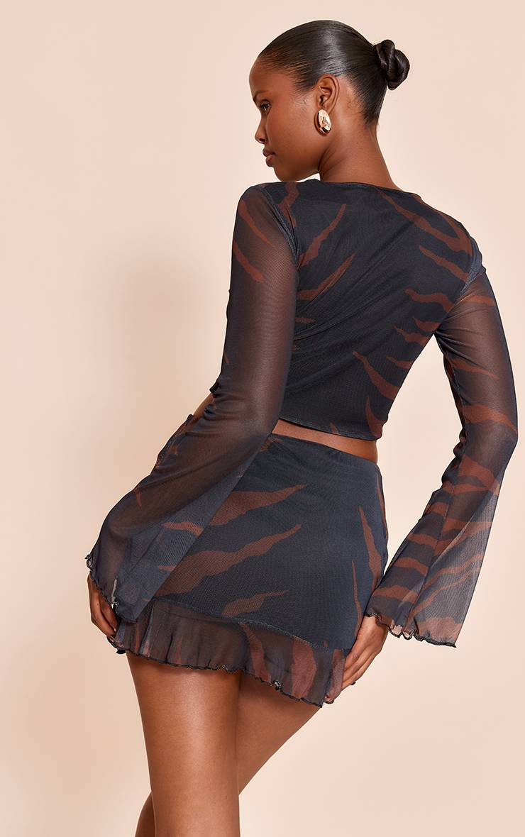 Noir Top En Mesh À Manches Longues Imprimé Zèbre