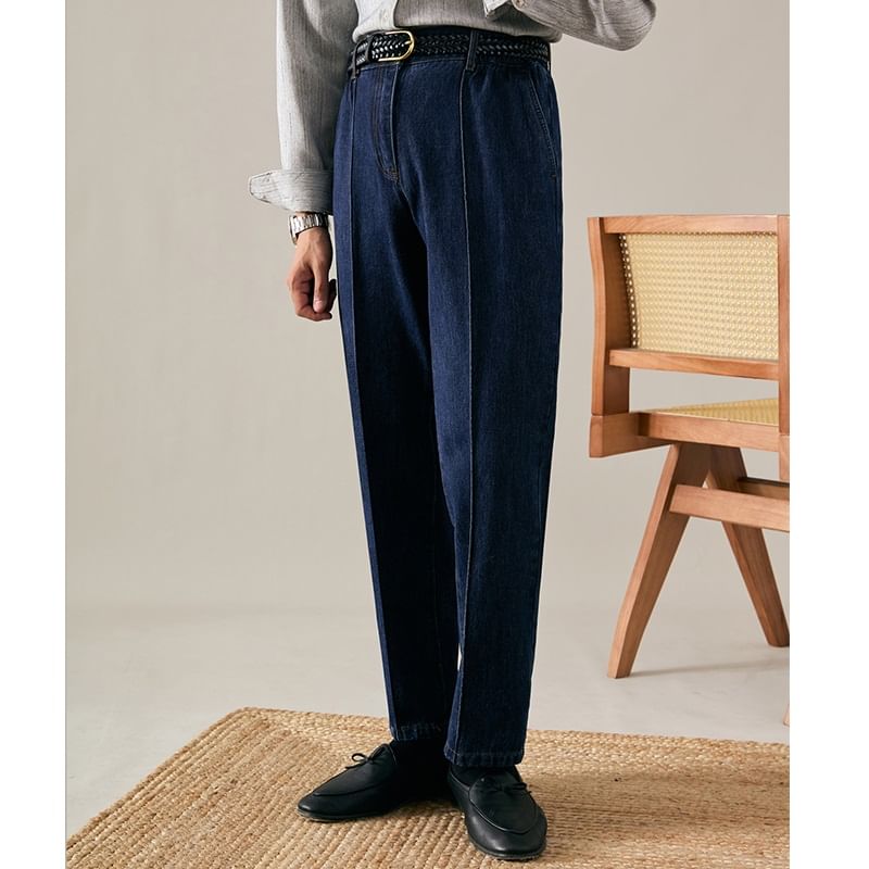 Zentrus - Mid Rise Washed Cropped Straight Leg Jeans / Effen Broek