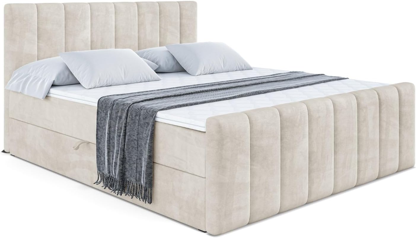 ALTDECOR Boxspringbett mit Matratze und Lattenrost, Boxbett, Topper, Fußteil, Polsterbett mit Bettkasten, Bett mit Stauraum H3-Matratze, Doppelbett, Springboxbett - OTTA-Z - 200x200 Beige Samt