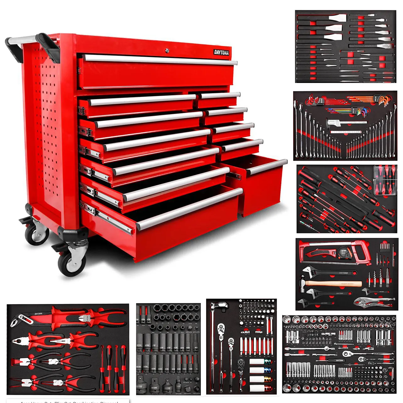 Daytona 655 Piece  Mechanical Tool Set with 43 12 Drawer Red Roller Cabinet