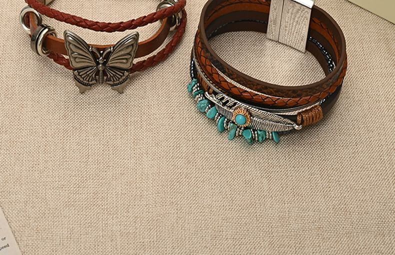 Lilafey - Vlinder / Turquoise / Legering Kunstleren Gelaagde Armband (Diverse Ontwerpen)