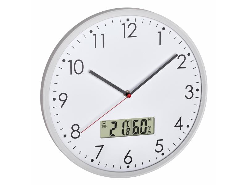 TFA Dostmann Wanduhr Ø 30.2 cm, Weiss Analoge Wanduhr mit digitalem Thermo- und Hygrometer