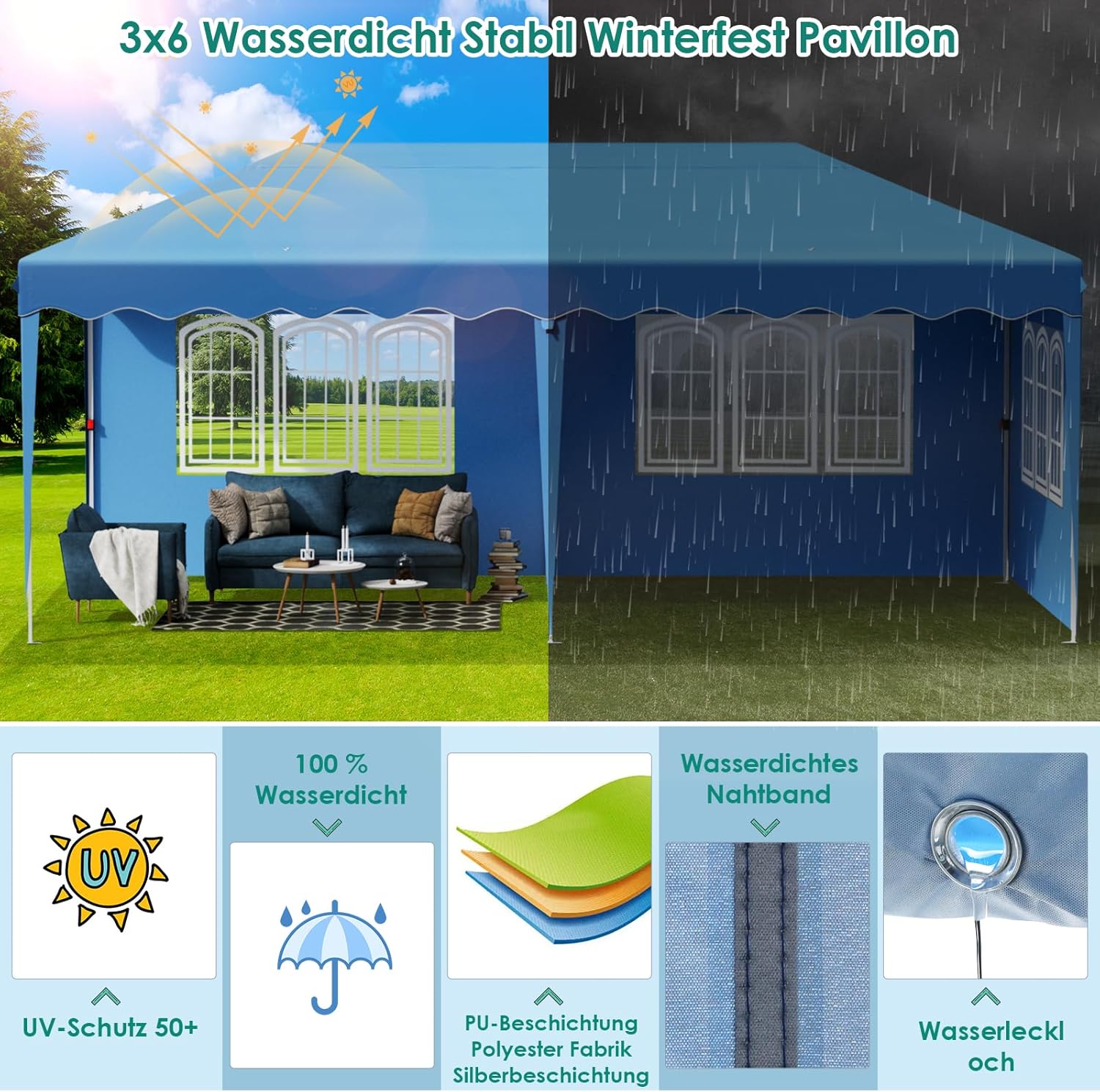 Pavillon 3x6 Faltpavillon mit 4 Seitenteilen 6 PCS Sandsack, Wasserdicht Partyzelt 420D Oxford Verdicken, Anti-UV 50+ Gartenpavillon, inkl. Tragetasche, Pavillons für Garten Party Hochzeit,Blau
