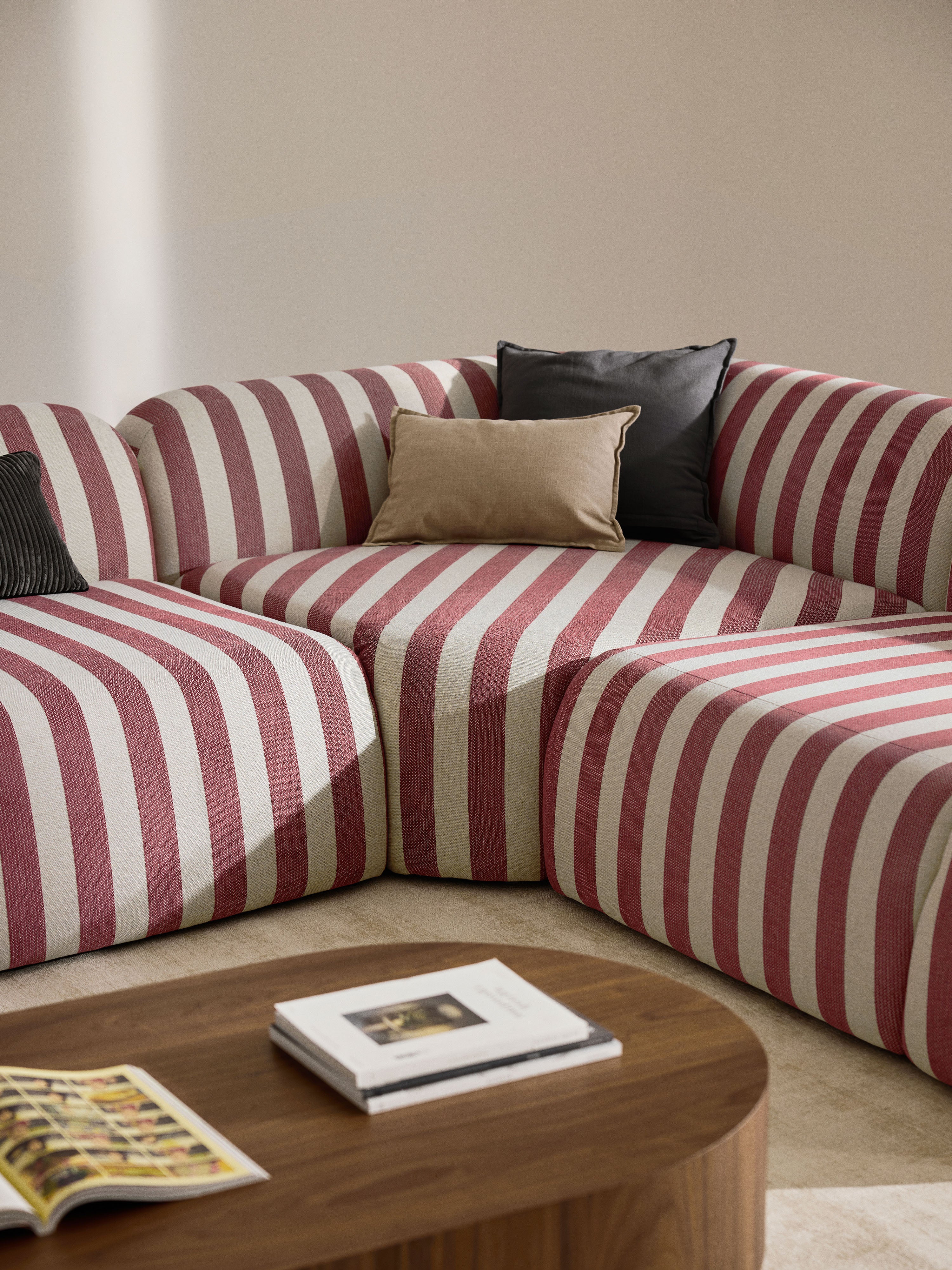 Gestreepte modulaire hoekbank Wolke (4-zits) met chaise longue