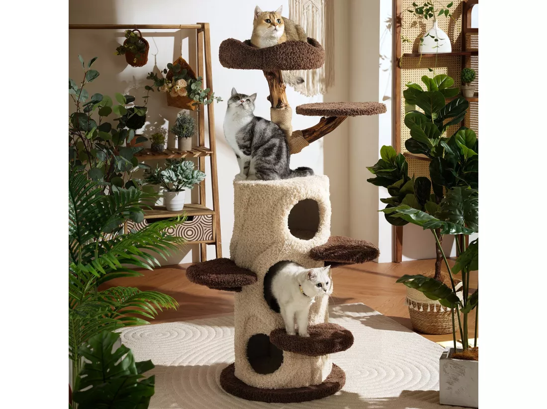 Arbre à chat en bois massif, d48cm×h140cm, marron
