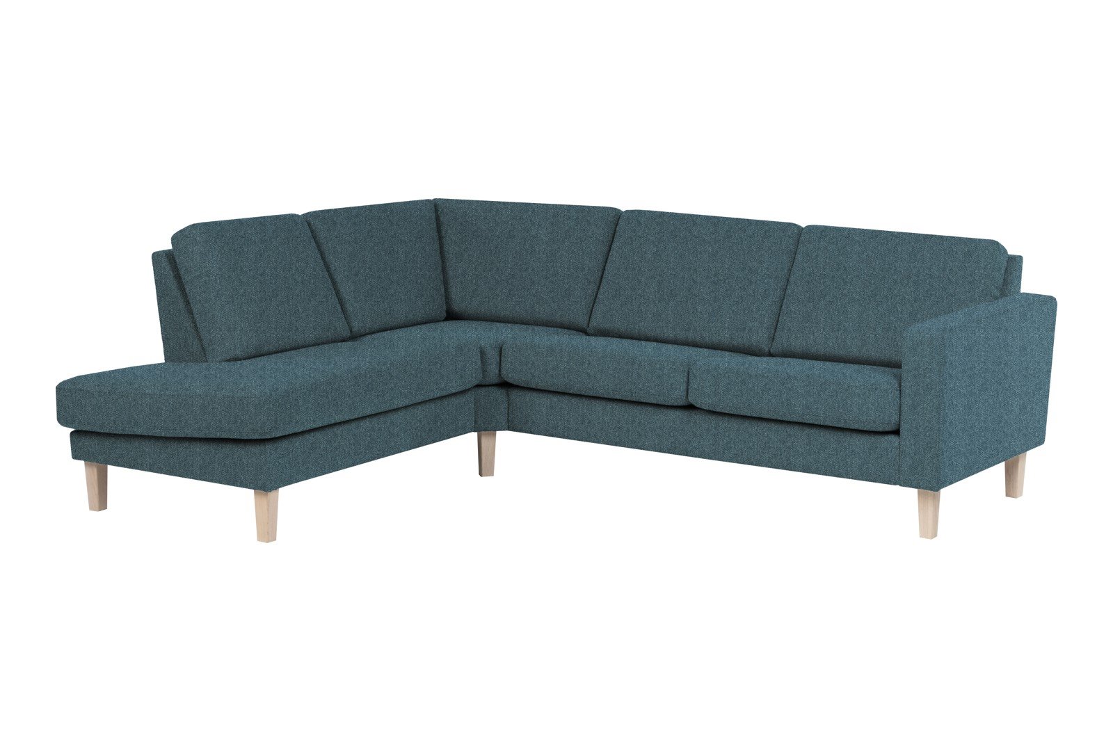 Slogen hjørnesofa Oppsett AV. 2,5-seter med åpen ende venstre. Tekstil Viva Blue med standard ryggpute. Vange B og hvitpigmentert ben 178.