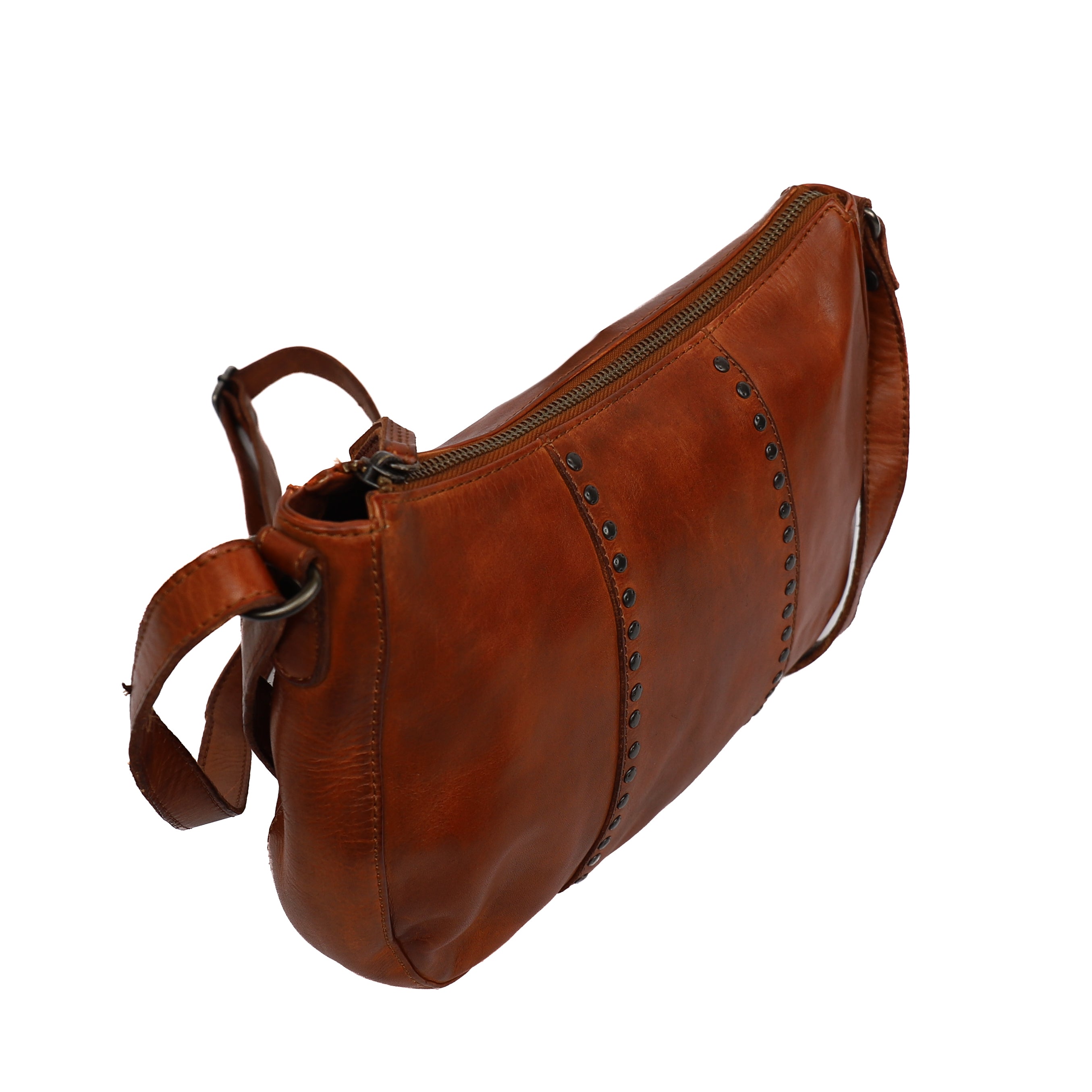 Middelgroot schoudertasje met studs 'Saar' cognac Cognac