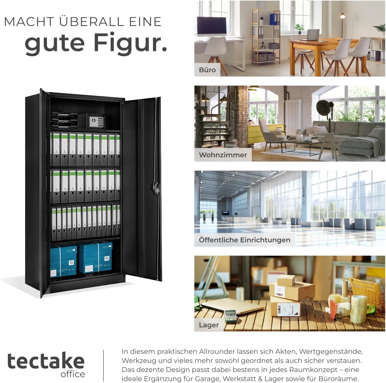 tectake® Aktenschrank, Büroschrank abschließbar, Mehrzweckschrank aus Stahl, Allzweckschrank mit 2 Türen, inkl. 3 höhenverstellbare Einlegeböden, Aktenschrank abschließbar 180x80x40 cm - schwarz