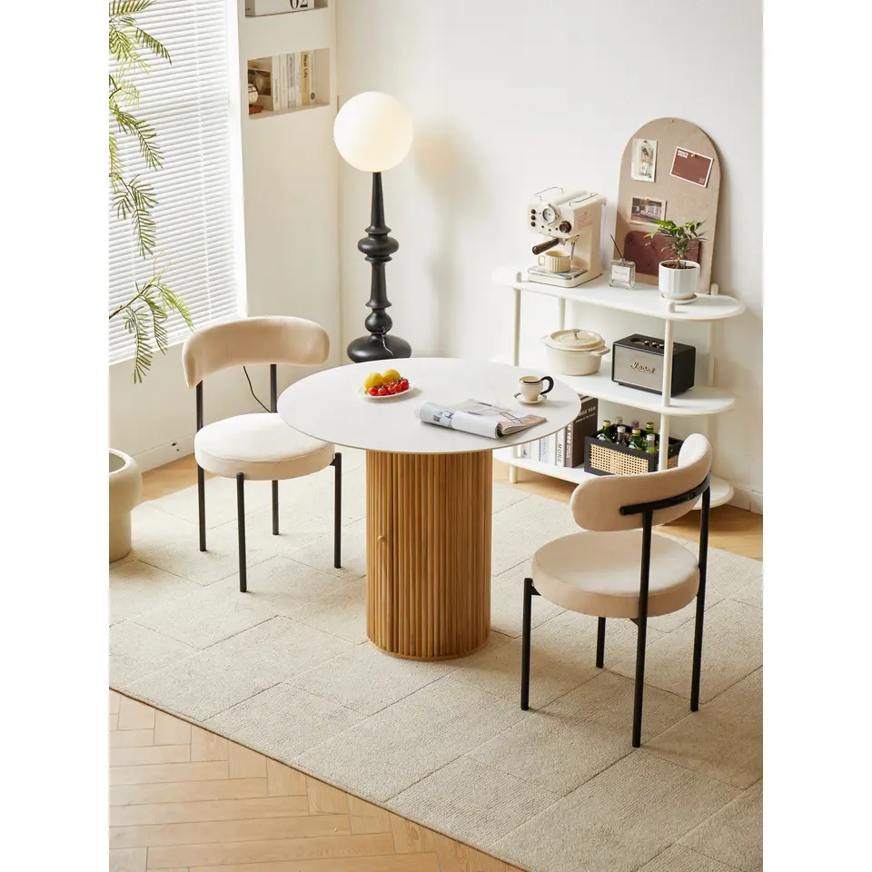 Ronde eettafel van hout met marmerlook blad D90